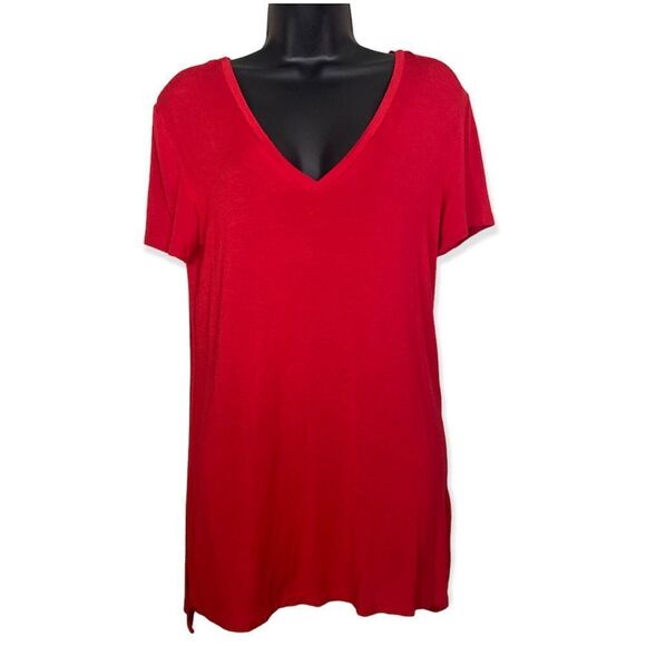 Halogen Tops - Halogen Red Basic Short Sleeve V Neck Long Blouse